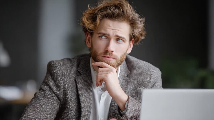 A Pensive Young Man in Business Attire Contemplates Future Decisions in a Modern Office Setting, Capturing a Moment of Reflection and Thoughtful Consideration