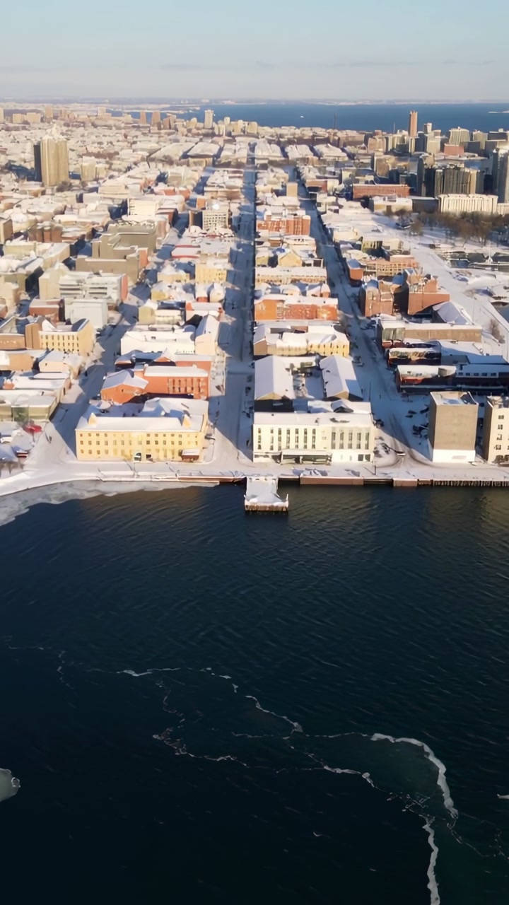 Vertical video: Initiating drone takeoff approaching shoreline block to survey pier and icy harbor