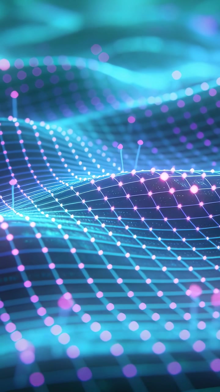 Video verticale: Griglia 3D pulsante che viaggia in un paesaggio al neon con il movimento della telecamera, inviando nodi e pin