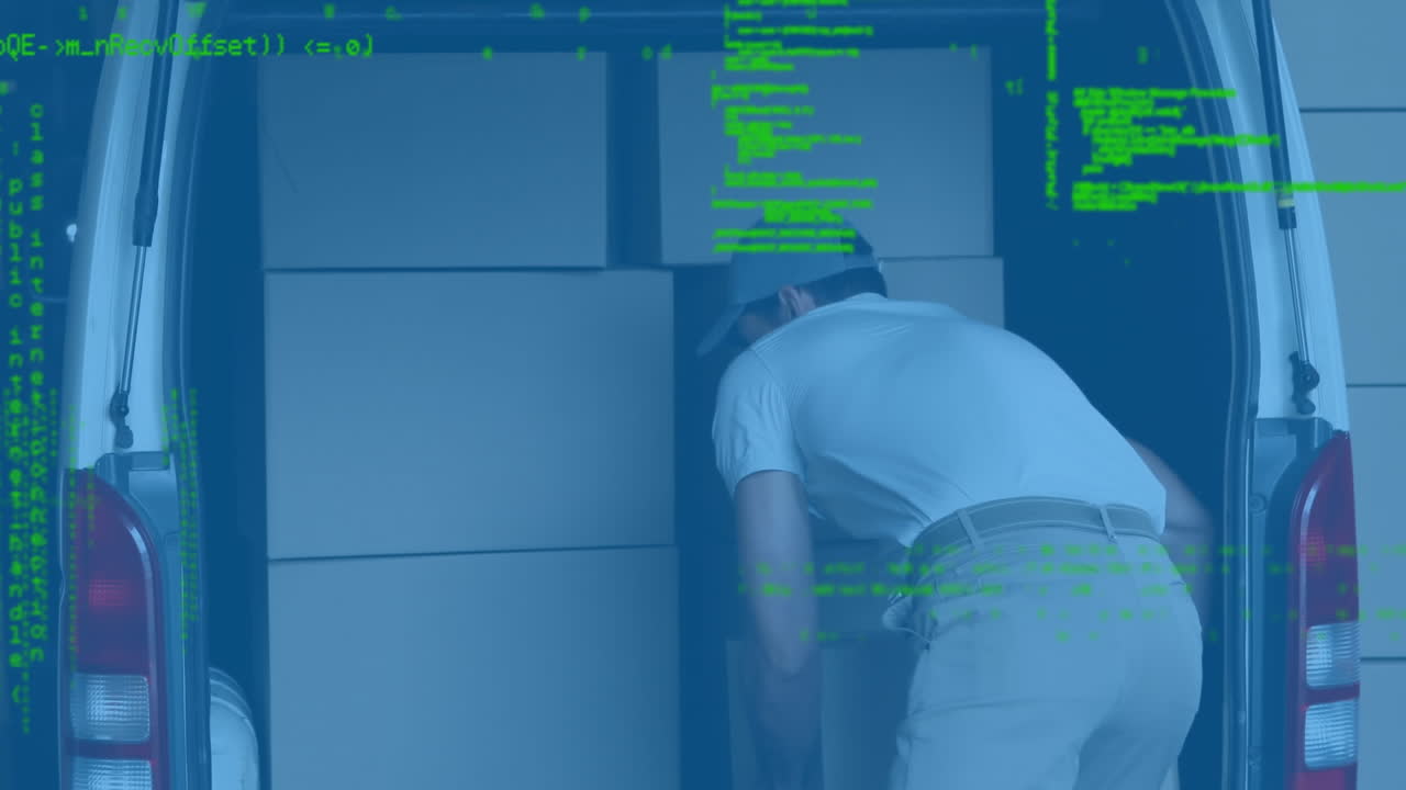 Databehandling over en kaukasisk leveringsmand, der fjerner leveringskasser fra sin varevogn