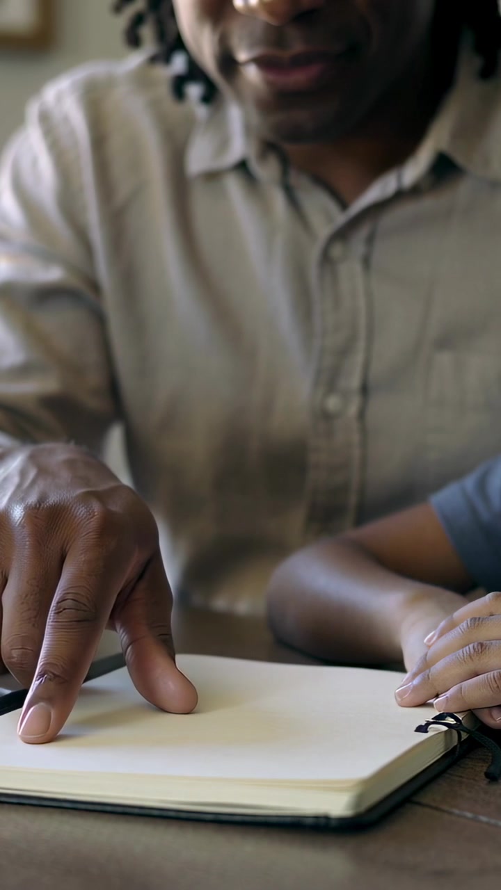 Vertical video: Placing finger on spiral pad, father guiding child's hand at home, teaching letters