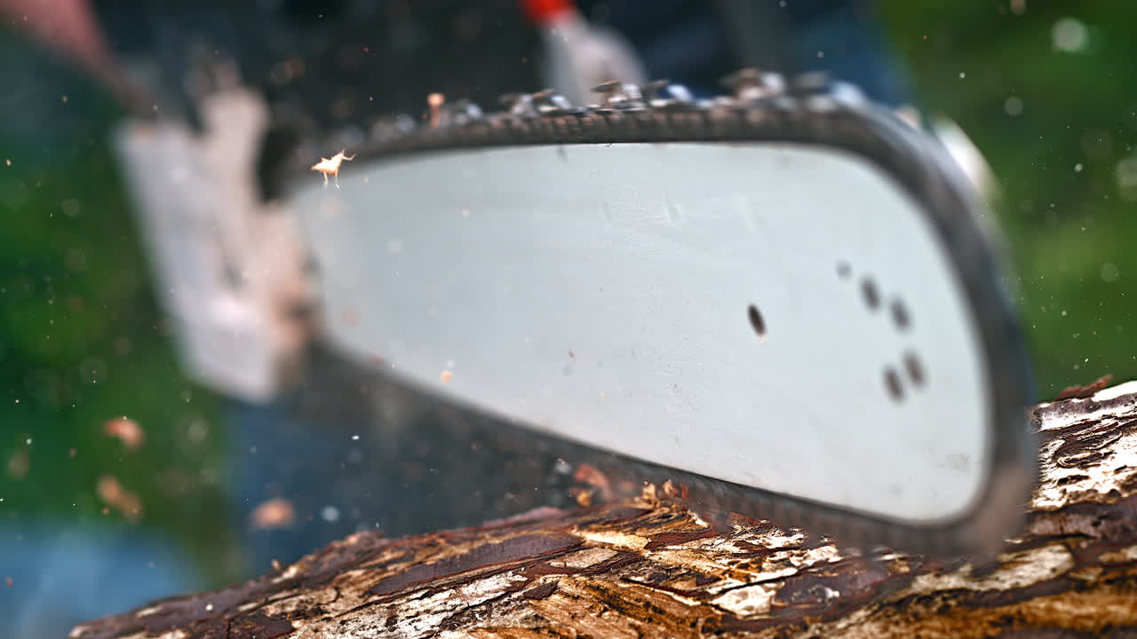 Chainsaw Cutting a Felled Tree in Macro and Slow Motion, Wood Shavings, Bark Chips and Dust Fly from Under the Chain's Teeth