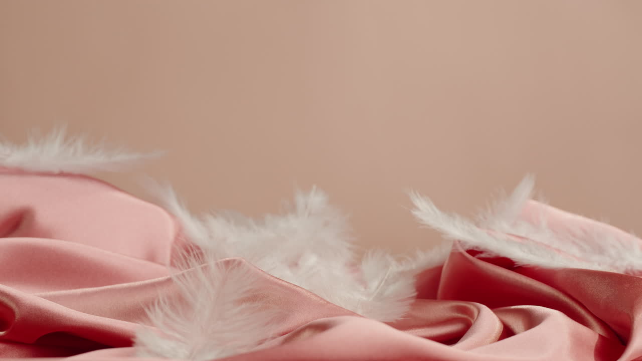 Pink Satin Fabric with White Feathers