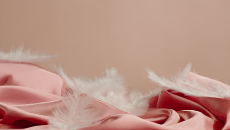 pink satin fabric with white feathers