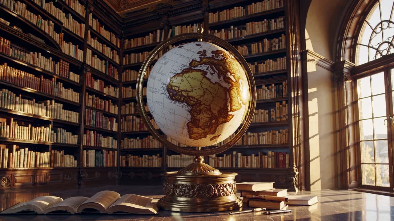 A vintage globe in a grand library, captured from a low angle