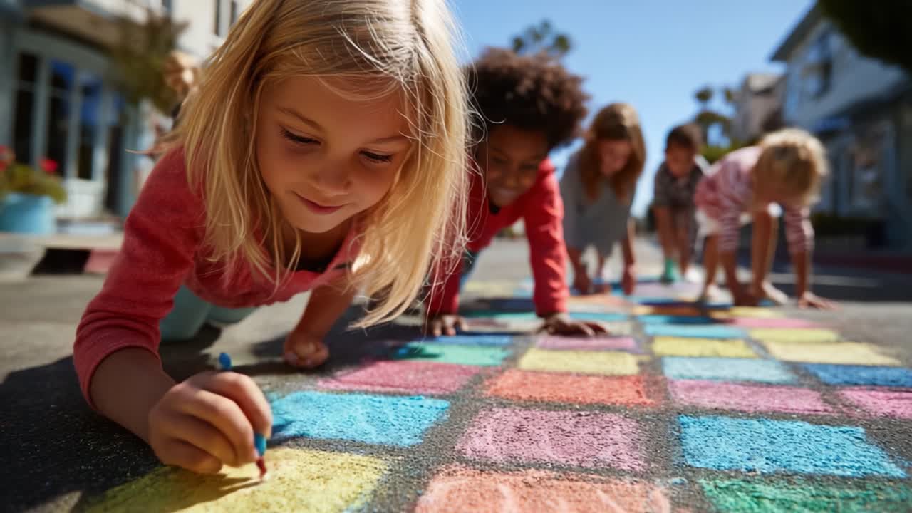 Children Enjoying Outdoor Fun by Coloring a Colorful Chalk Game Board on the Street, Engaging in Creative Play and Imaginative Expression with Friends