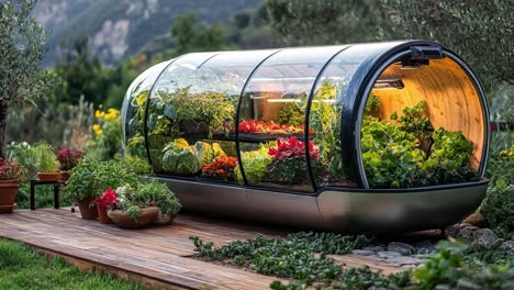 modern greenhouse with various plants and vegetables