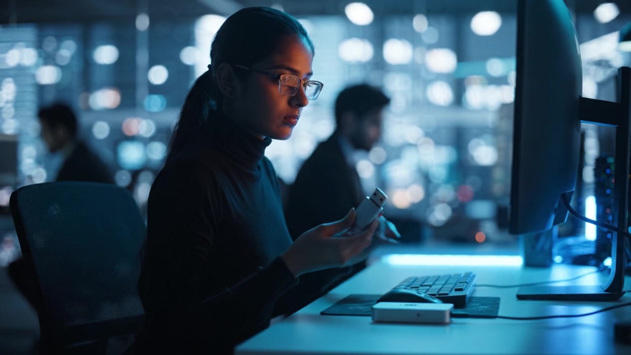 Focused individual working on a computer in a high-tech environment, utilizing technology to achieve tasks efficiently, surrounded by modern digital screens and displays.