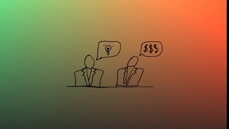 animation of businesspeople icon against copy space on gradient and orange background