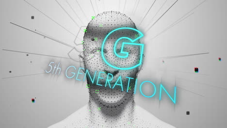 animación de 5g texto de quinta generación parpadeando sobre la cabeza humana en el fondo