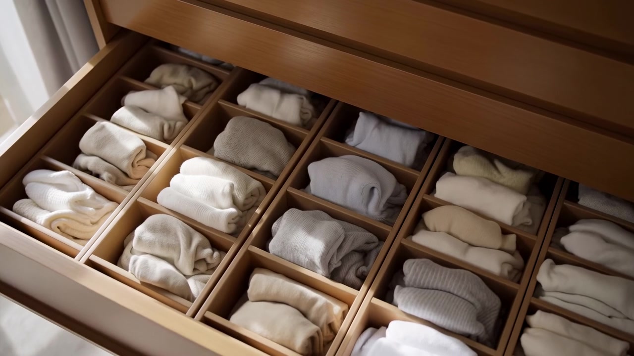 File di capi bianchi, beige e grigi rimangono ordinatamente piegati all'interno di scomparti individuali in legno mentre una delicata vista in movimento rivela un ordinato deposito di tessuti accanto a una tenda luminosa.