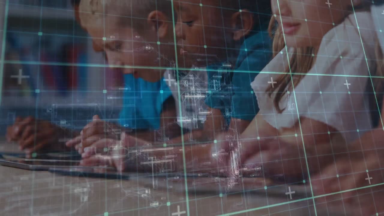 Animation of children using digital tablet over statistics showing in the background