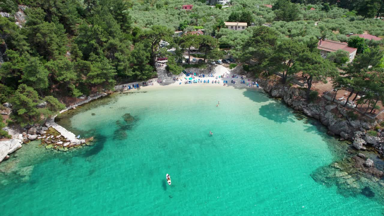 Cinematic Slow Drone Movement Revealing Glifoneri Beach With White Sand, Clear Water And Lush Vegetation, Thassos Island, Greece, Europe