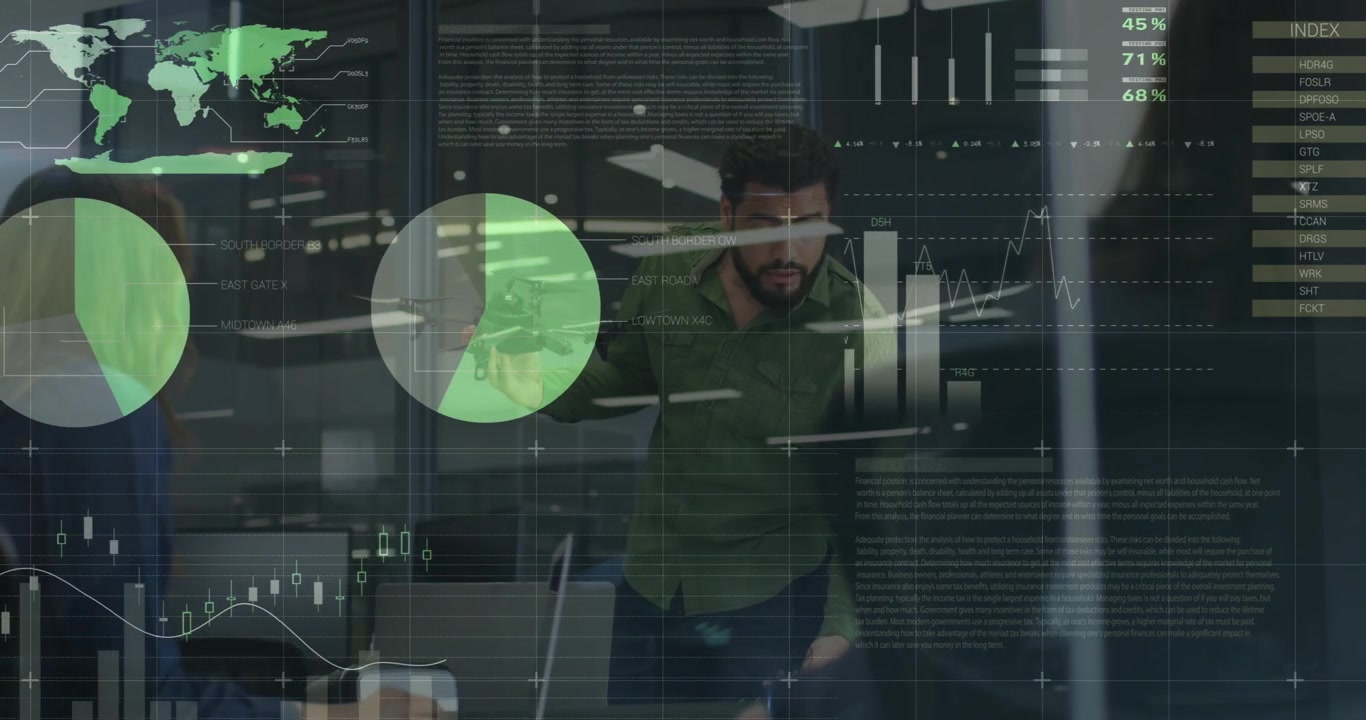 Animazione di elaborazione dati su diverse persone d'affari in riunione