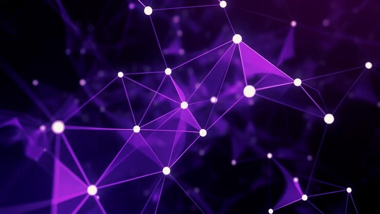 Connessione di rete viola astratta con nodi e linee luminosi