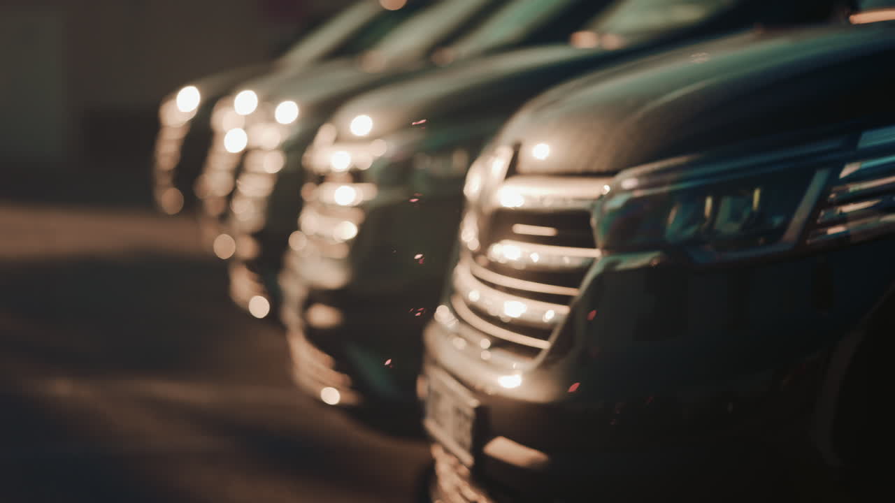 Soft focused view of parked cars in warm sunset light, creating an elegant bokeh effect