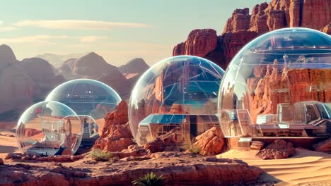 a group of glass domes in the middle of a desert landscape