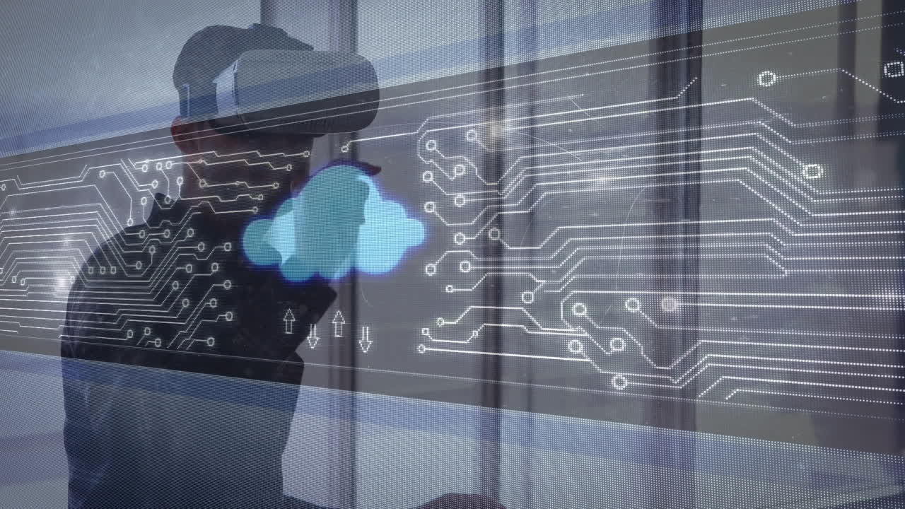 Animation of data processing over biracial businessman using vr headset