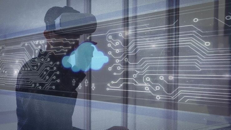 Animation of data processing over biracial businessman using vr headset