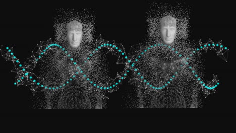 animación de cadenas de adn y procesamiento de datos con cuerpos humanos formados con partículas explosivas
