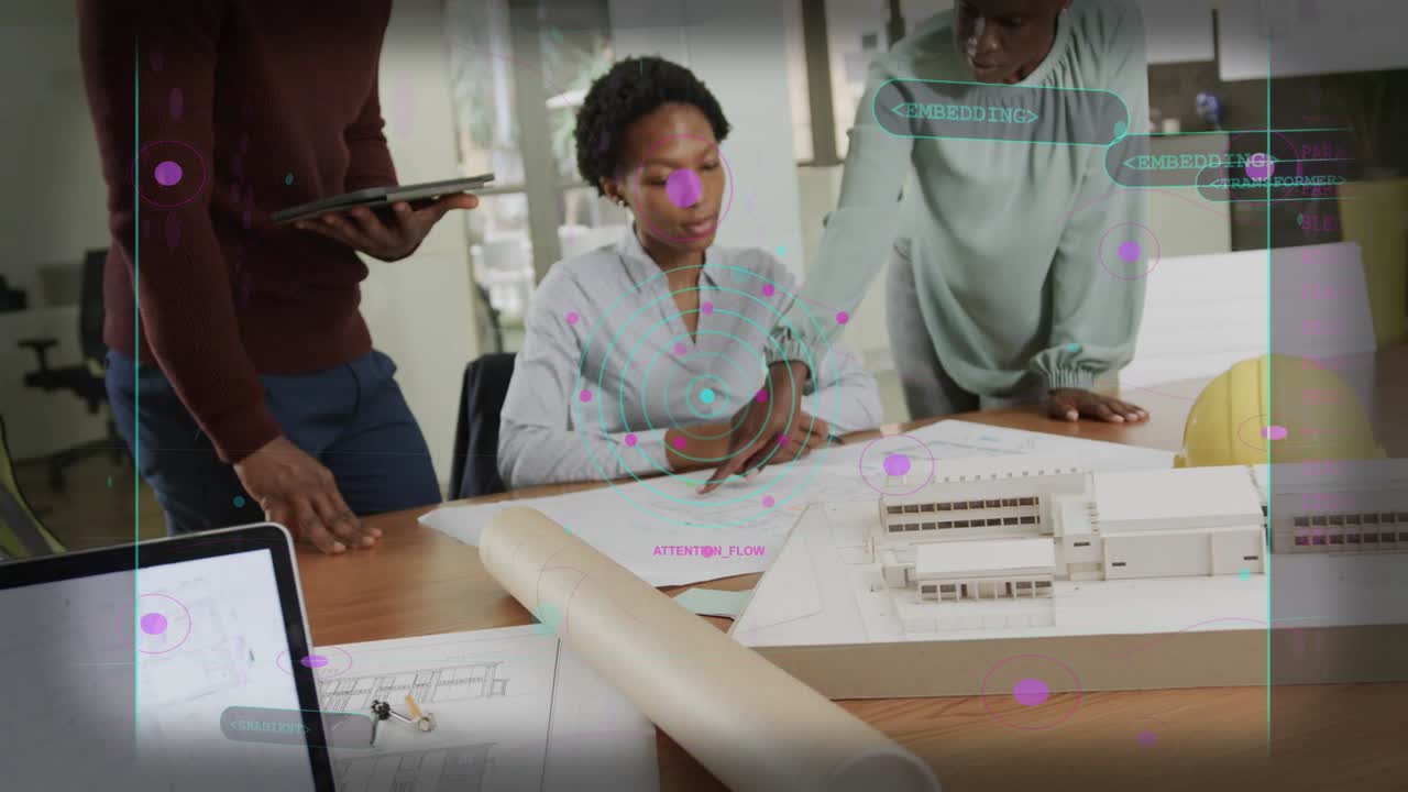Seated designer following guide pointing marking plans for design alignment as purple HUD marking