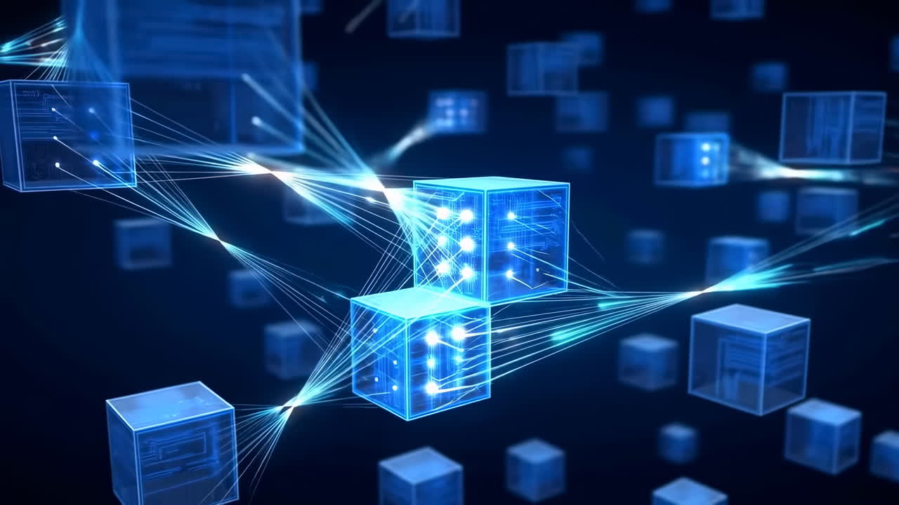 Blue Network Cubes Connecting Data Streams Into Luminous Pathways, Futuristic Blue Lit Server Cubes And Nodes