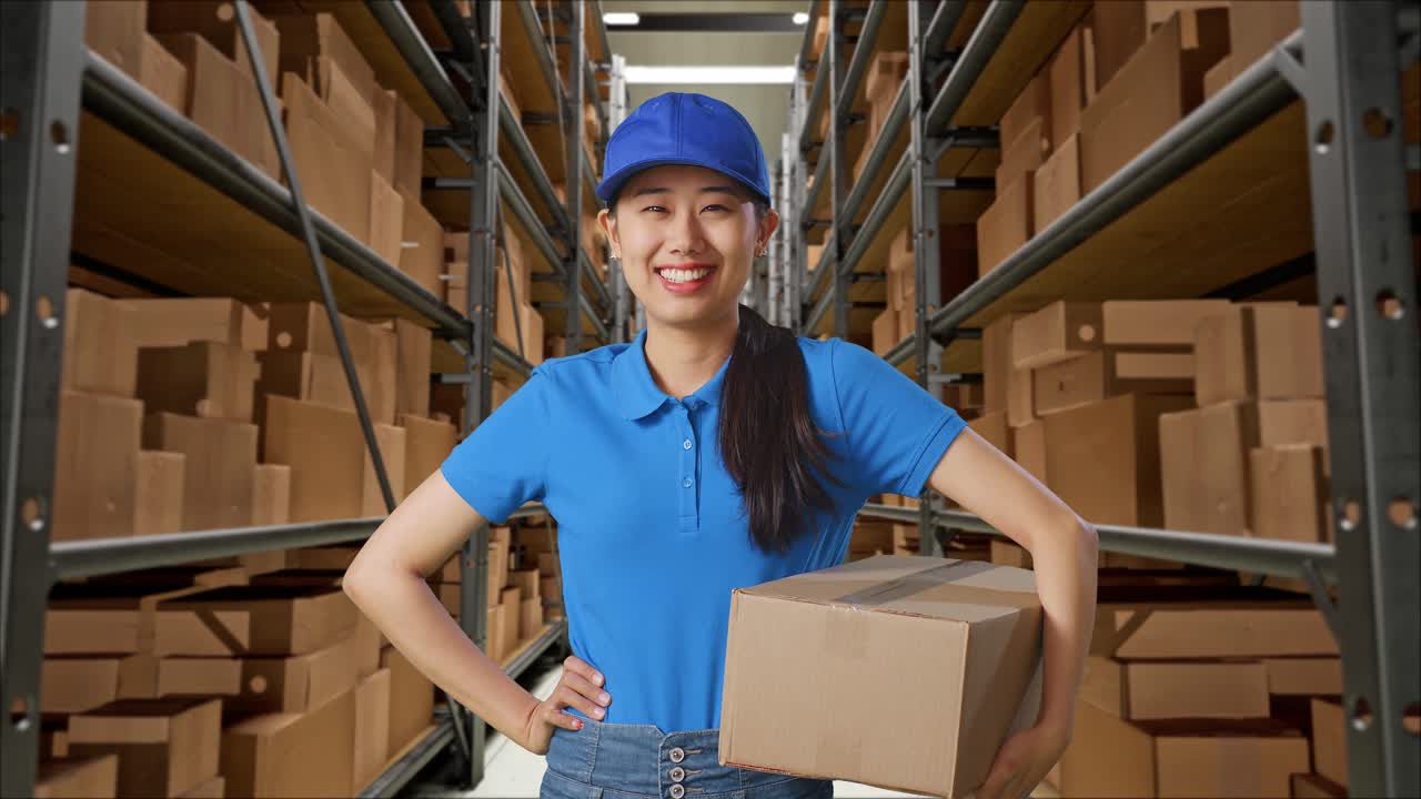 mensajera asiática en uniforme azul poniendo la mano en la cadera y sonriendo mientras entrega un cartón en el almacén, postura proa