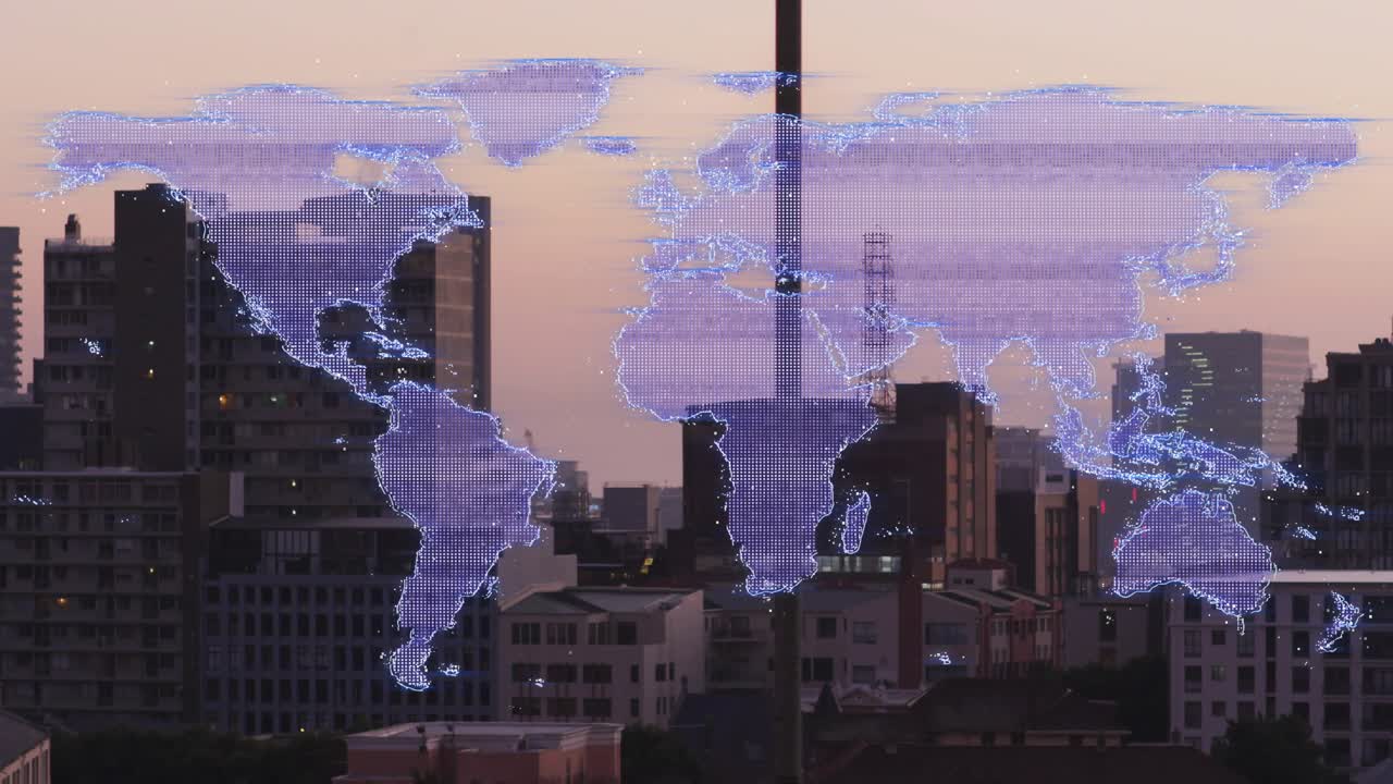 At dusk purple map projecting over skyline, pulsing nodes, shifting to point-cloud showing network