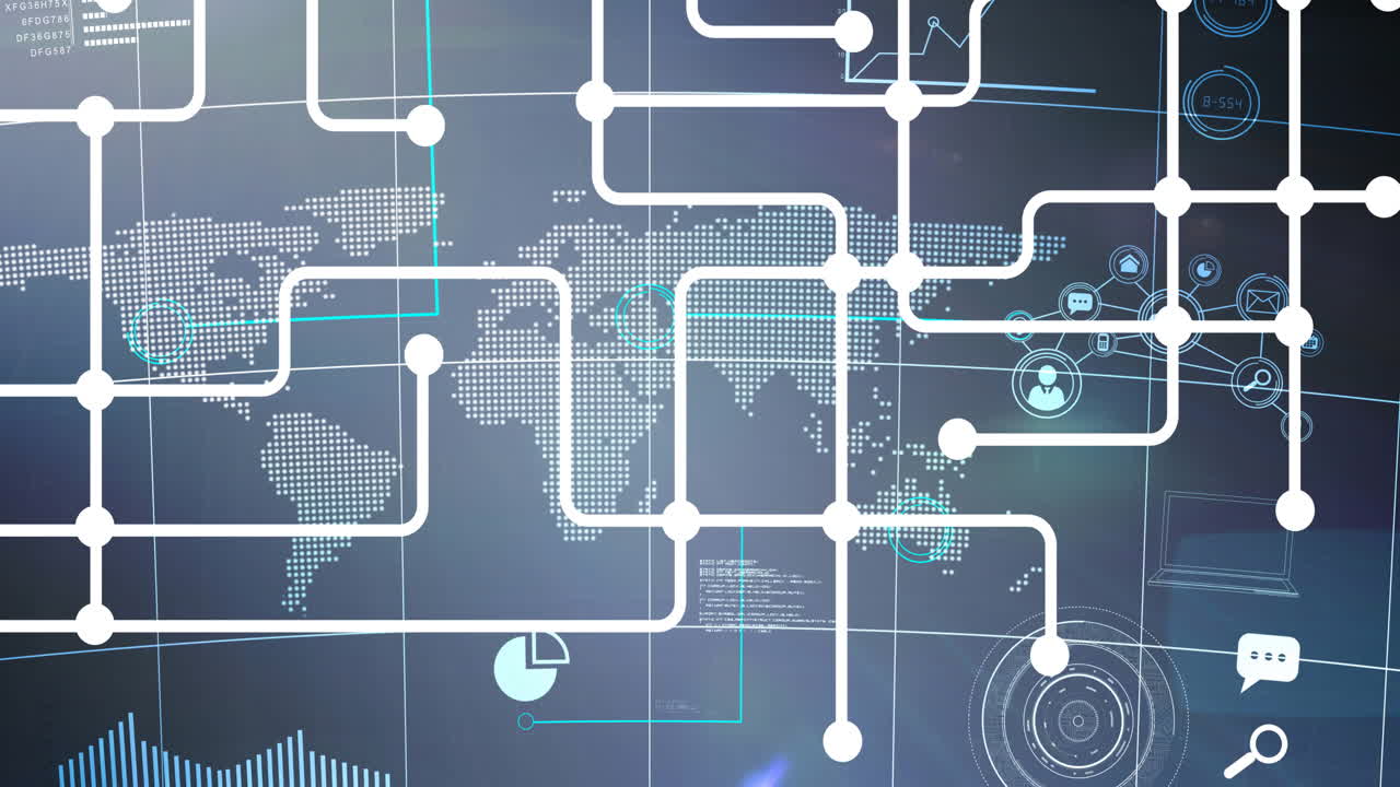 animación de la red de conexiones sobre el mapa del mundo en el fondo