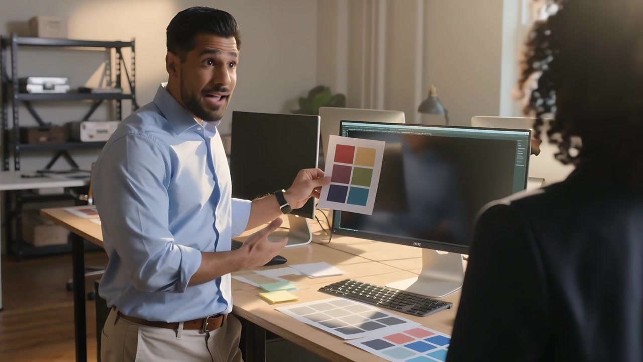 Picking swatch, man wearing light blue shirt presenting color palettes at desk for her feedback