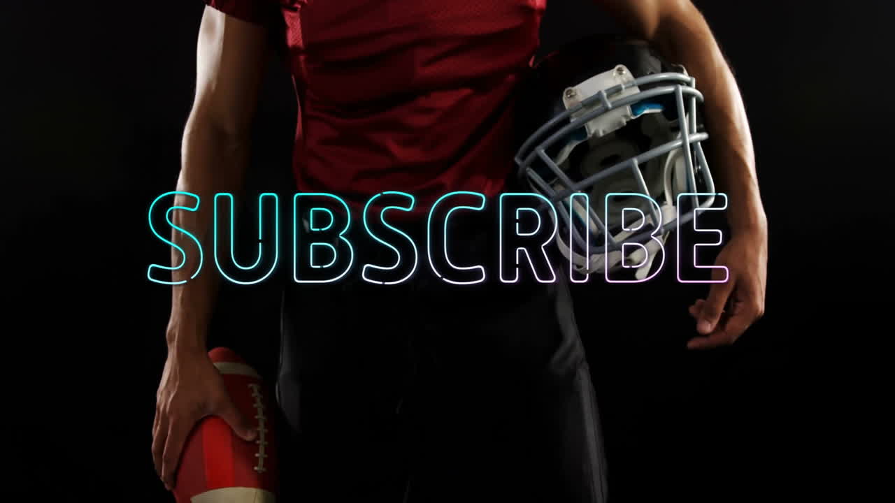 Holding helmet and ball, animation of football player with SUBSCRIBE text