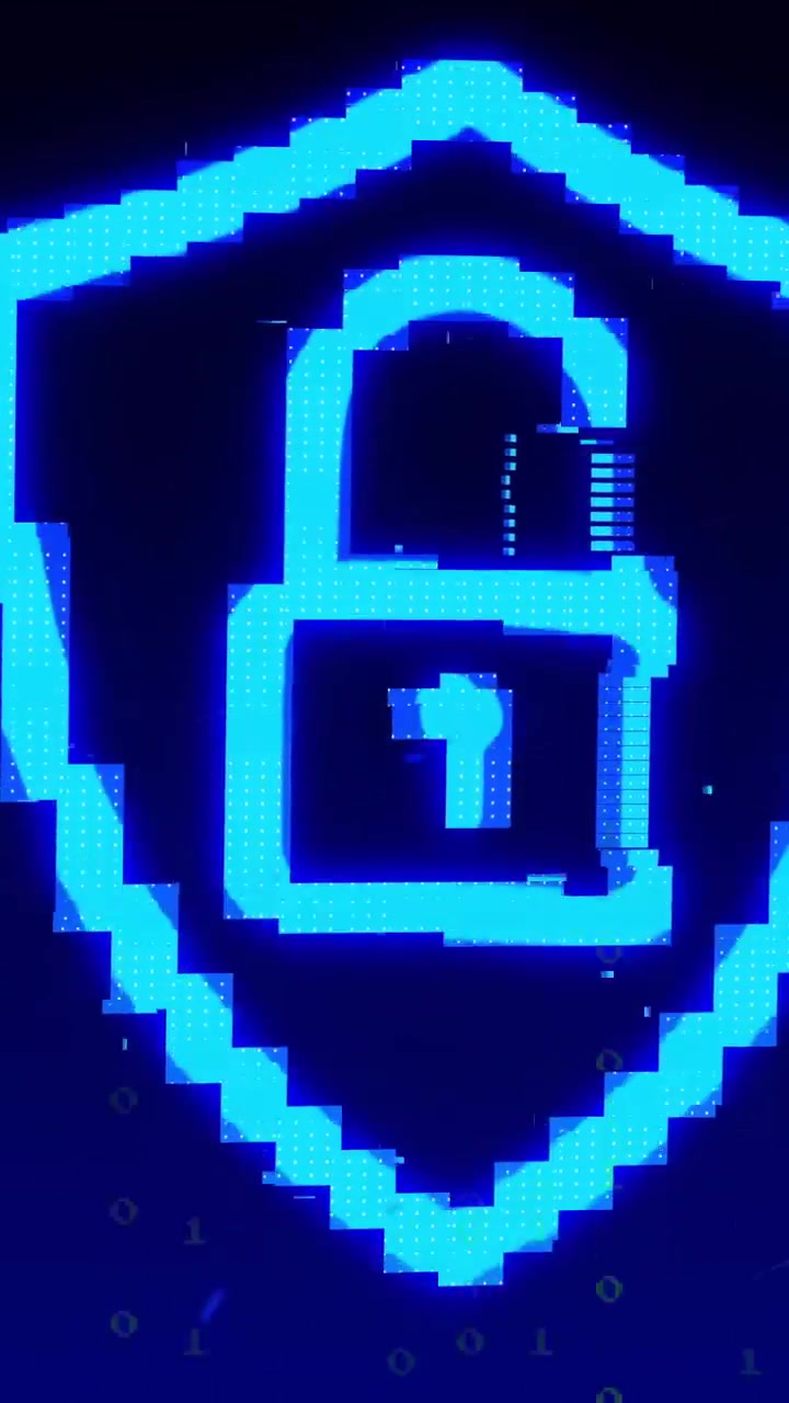 Vertical video: Green binary falling starting blue shield forming padlock resolving confirming lock
