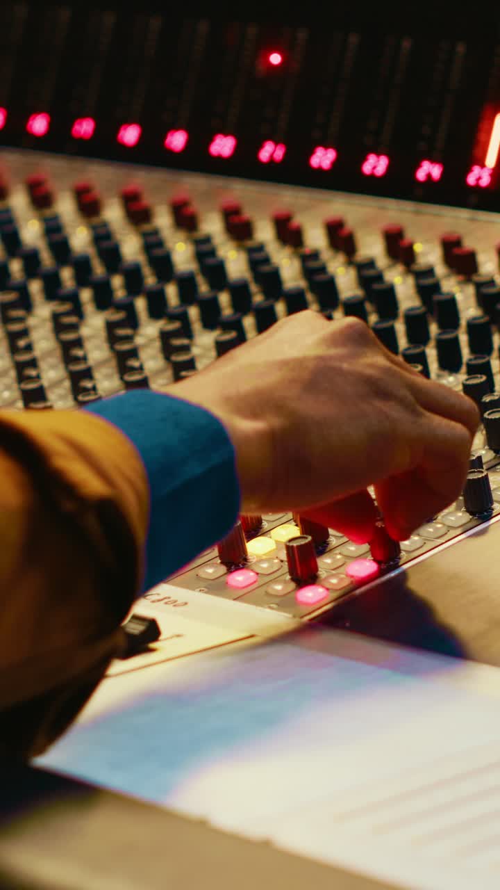 Hand Adjusting Faders on Professional Sound Mixing Console