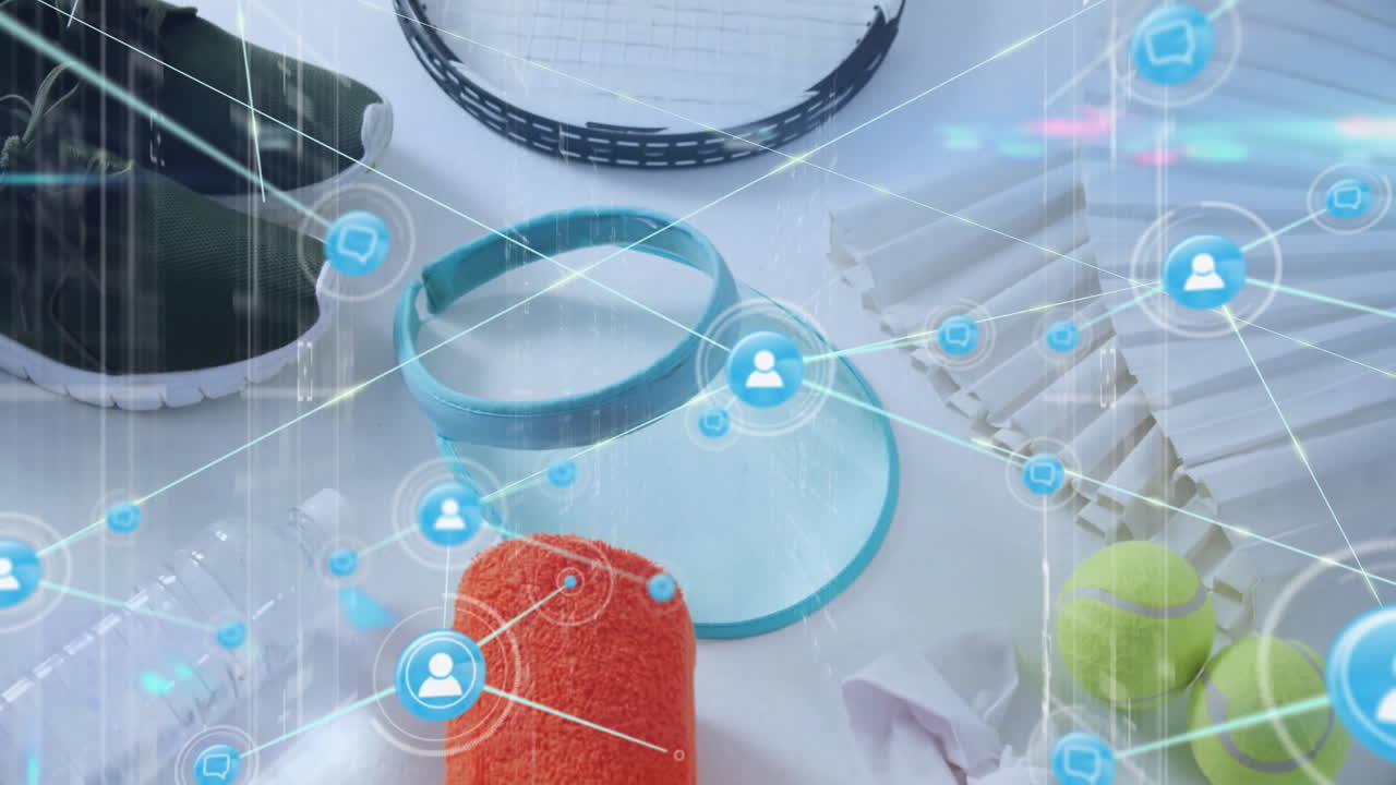 Light-blue sports visor being centered on flat-lay surface, showcasing gear with network icons