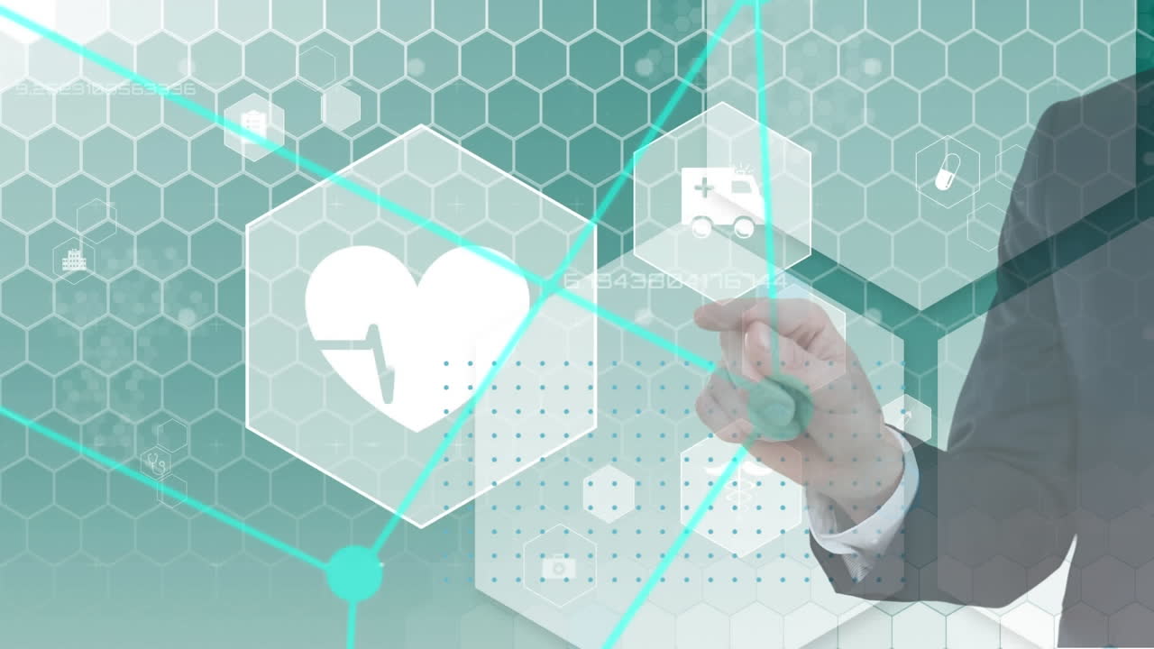 백인 남자의 중간 섹션의 애니메이션은 배경에 건강 아이콘과 함께 3d 화면을 만지고 있습니다.