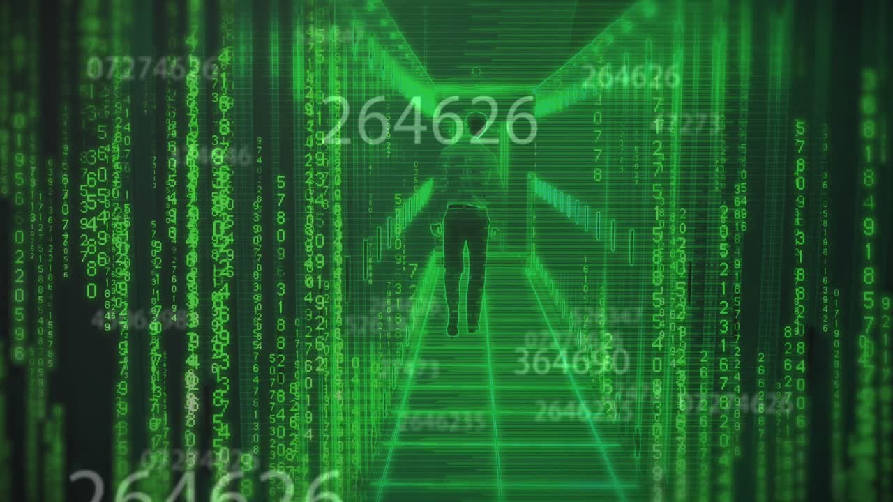animación de codificación binaria y procesamiento de datos sobre el hombre caucásico por servidores informáticos