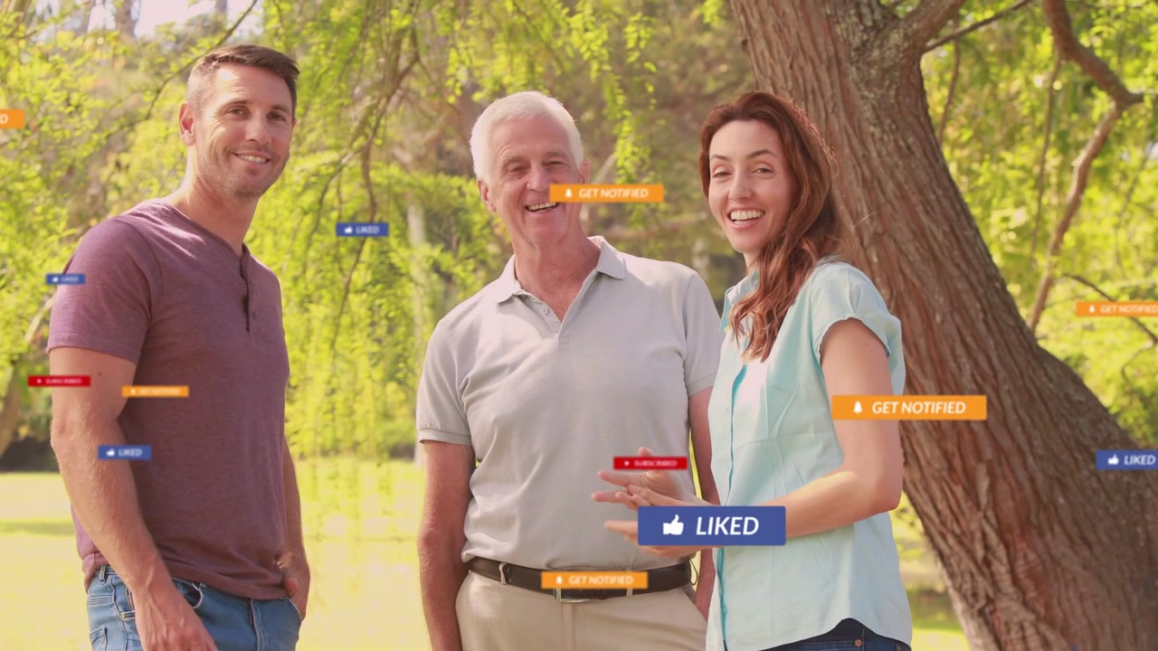 Famiglia che parla vicino a uno stagno, donna che gesticola e genera badge sociali, con "Mi piace" in aumento per l'engagement.