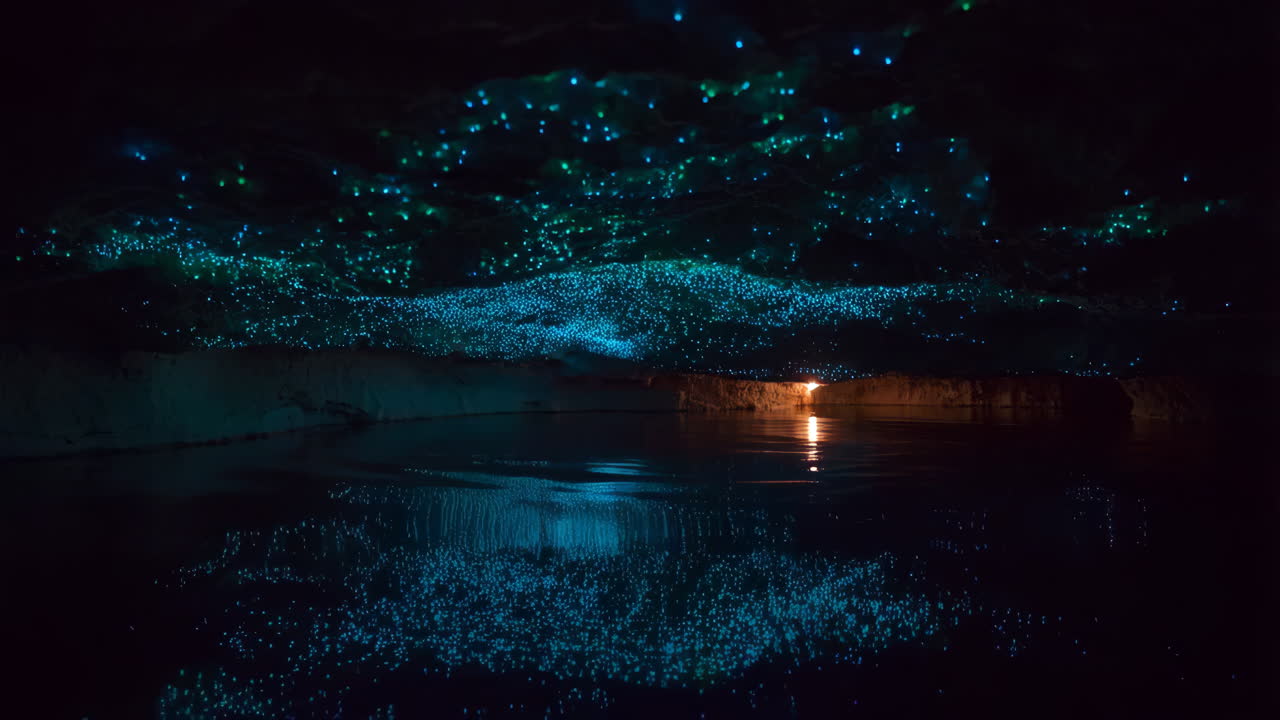 Bioluminescent Glowworms Illuminating a Dark Cave with Water Reflection