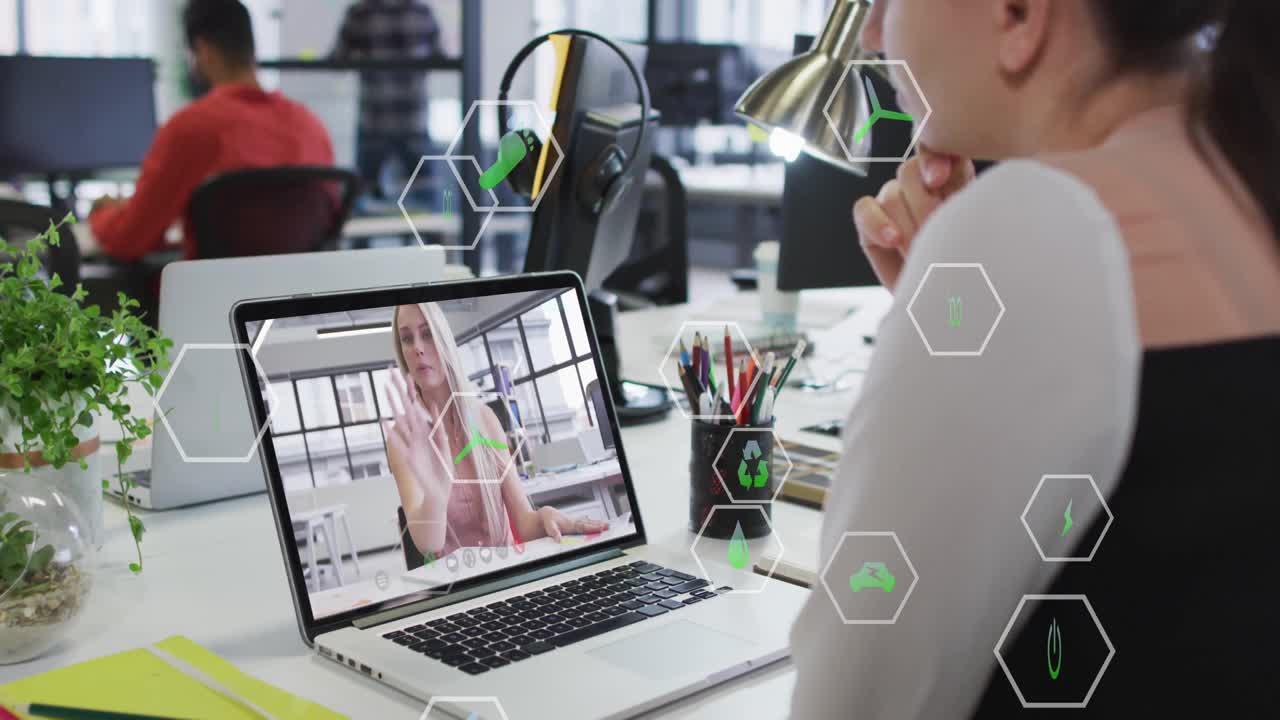 Starting business meeting, participant emphasizing points with hexagon icons overlaying screens