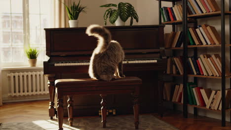 cat sitting on piano bench in a cozy living room