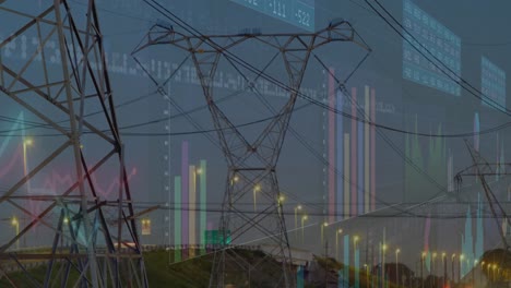 Animation-of-financial-data-processing-over-electricity-pylons-and-landscape