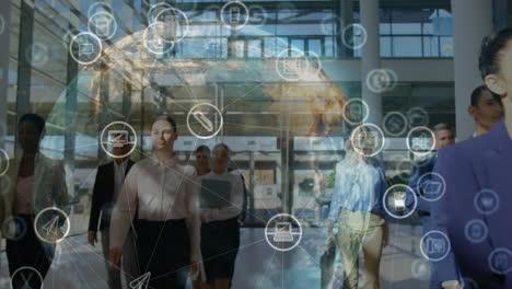 animation of network of connection over business people in the office