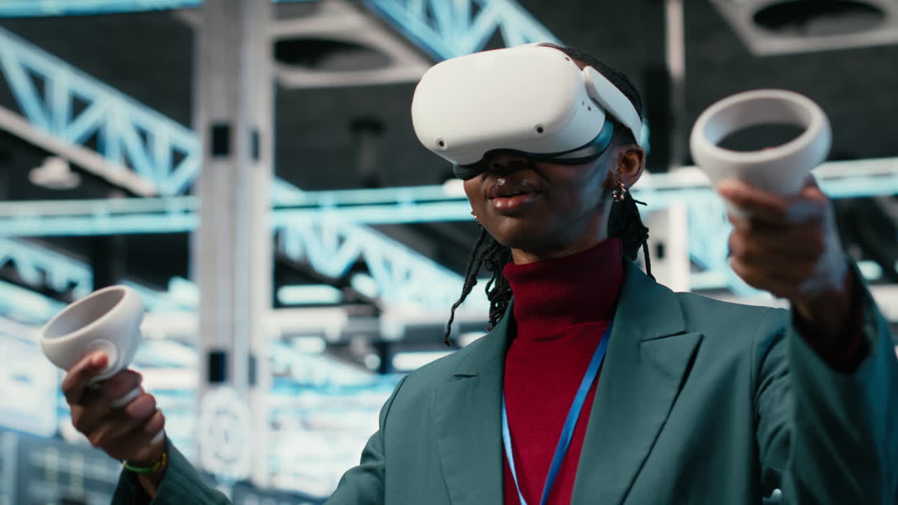 Woman Wearing VR Headset and Using Controllers in Tech Environment