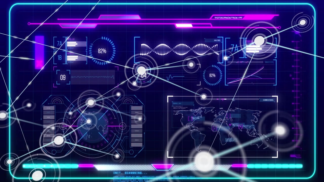Technology HUD showing hub activating, extending links to globe and map, building network