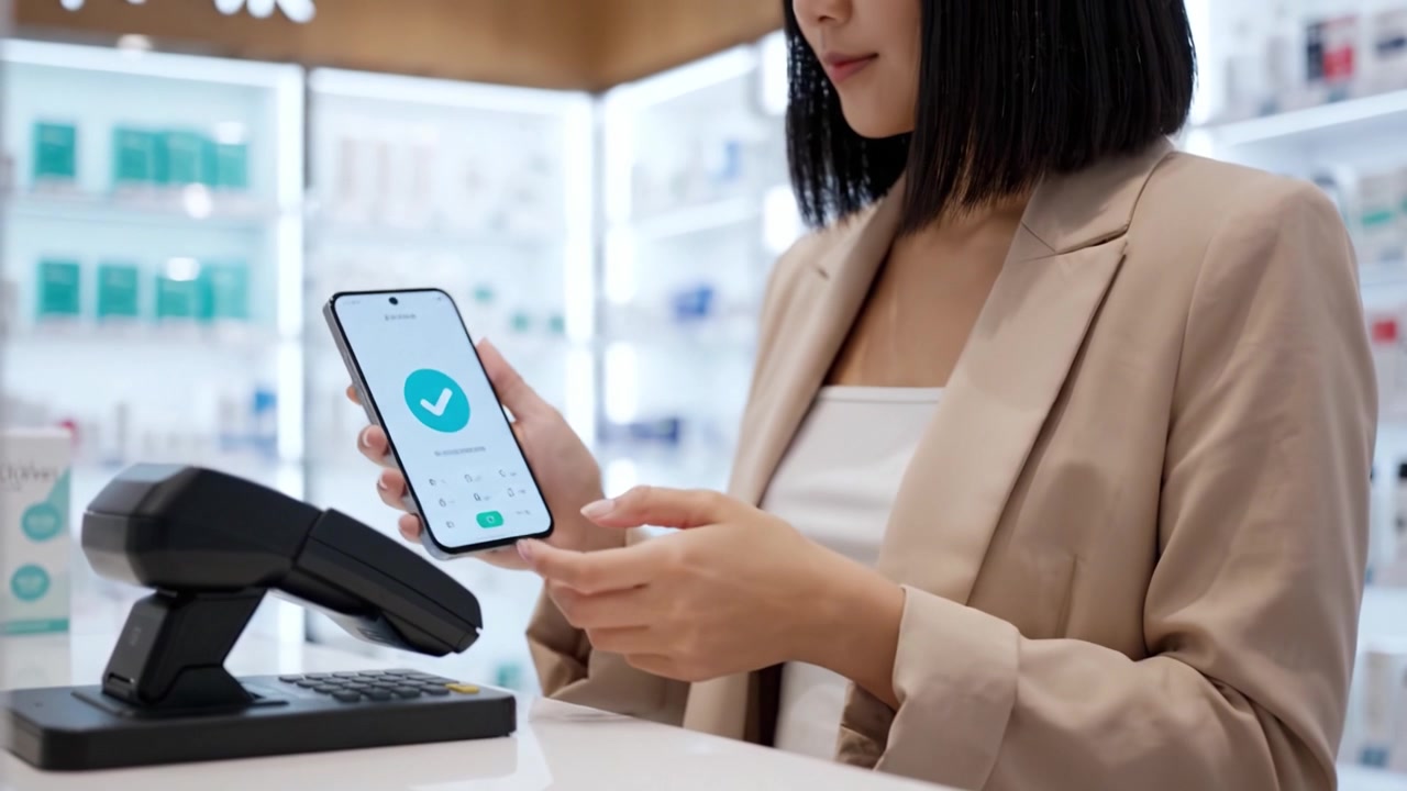 Una donna che controlla il suo smartphone a una cassa, con un dispositivo di pagamento in un moderno ambiente di vendita al dettaglio illuminato da una luce soffusa.
