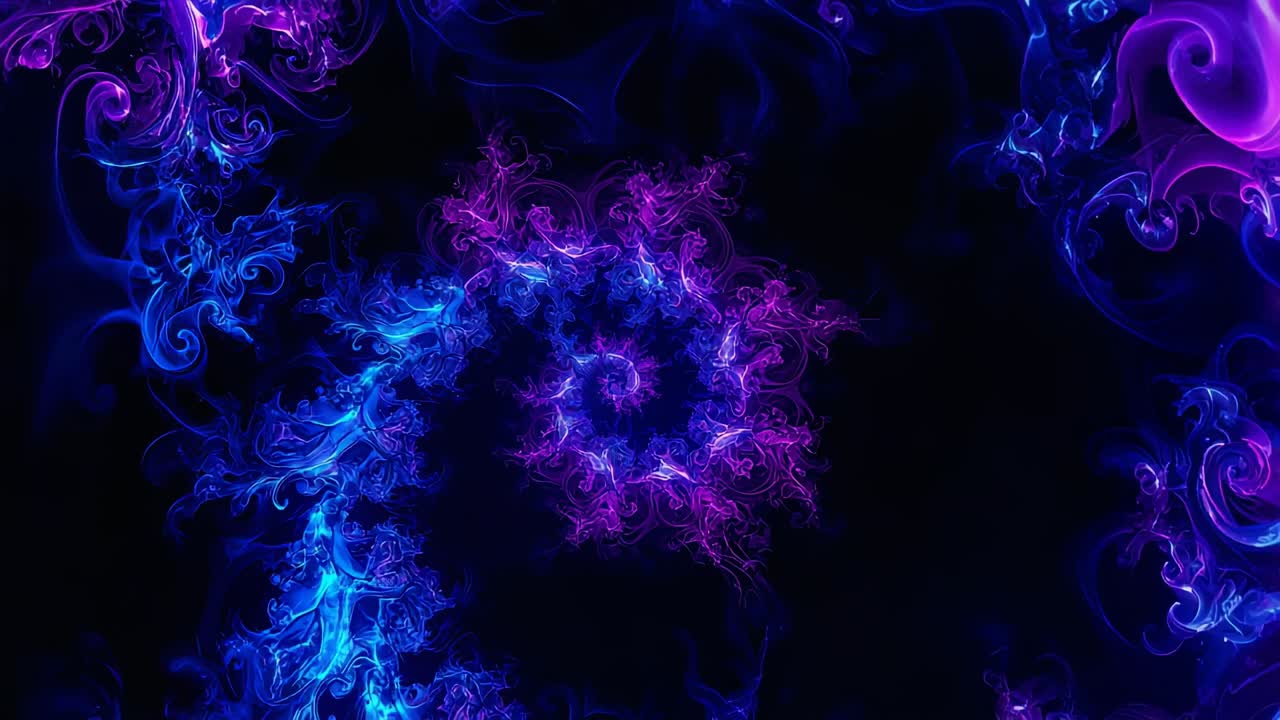 Curling left trail starting neon blue magenta plumes forming core rings in black void, by algorithm