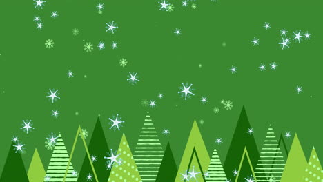 animation of snow falling over christmas trees on green background