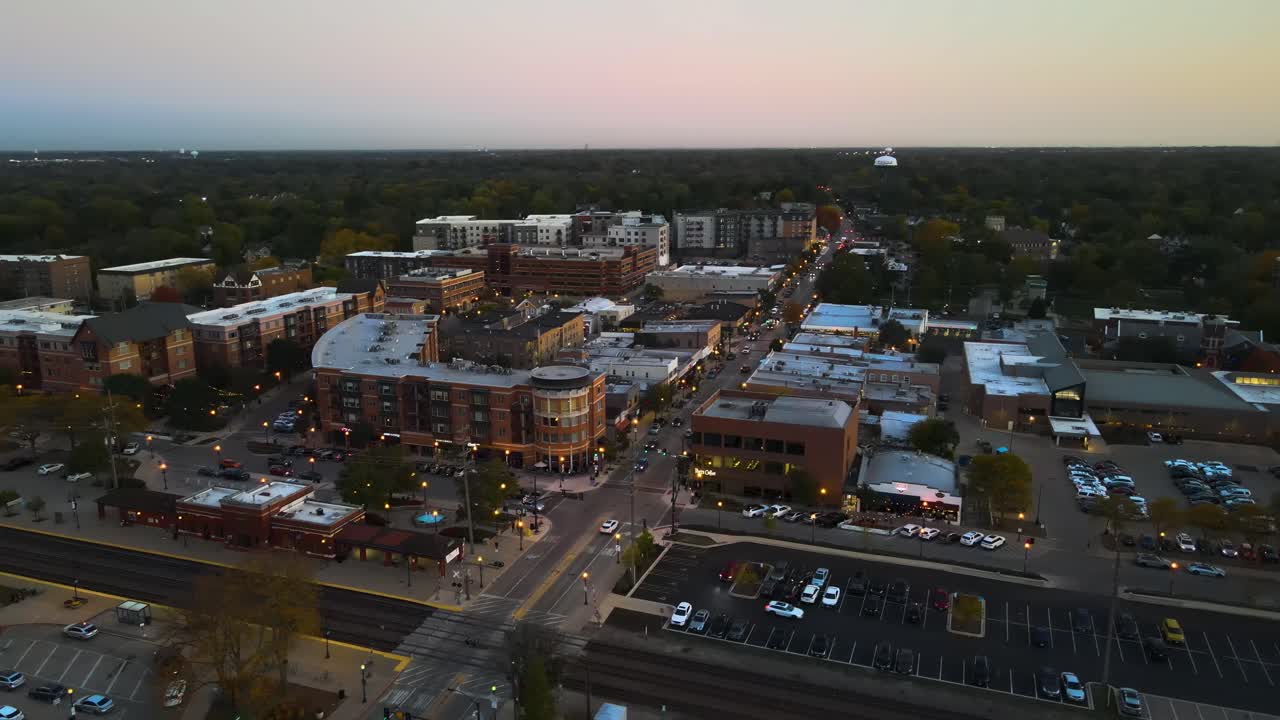 Aerial View of a Suburban Town at Sunset