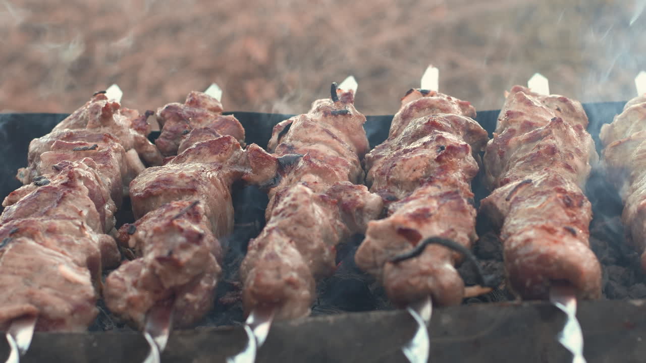 Primo piano di spiedini di maiale che cuociono sulla griglia all'aperto. Carne da barbecue che griglia sulla carbonella.