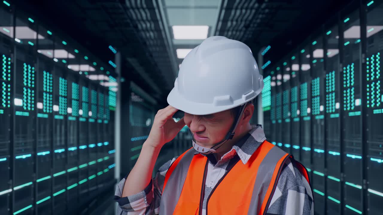 Close Up Side View Of Asian Male Engineer With Safety Helmet Having A Headache While Working in Server Room Data Center